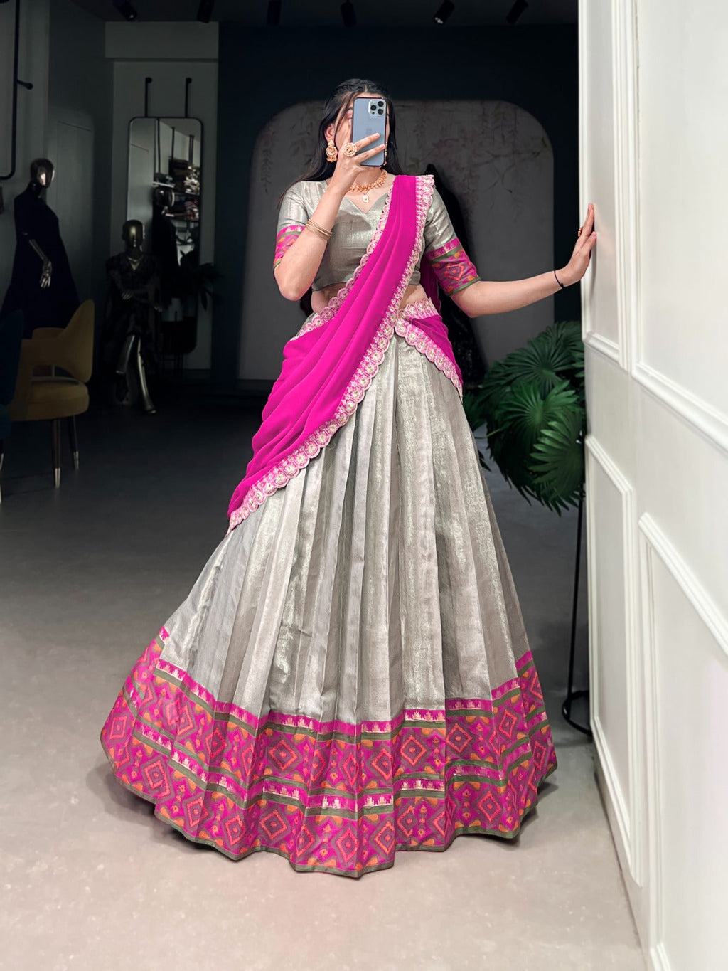 Gray Jacquard Silk Weaving Worked Lehenga Choli Set - ETHNICDEAL