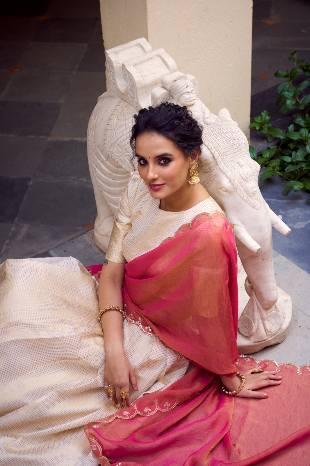 Off White Jacquard Chex Zari Weaving Worked Lehenga Choli - ETHNICDEAL