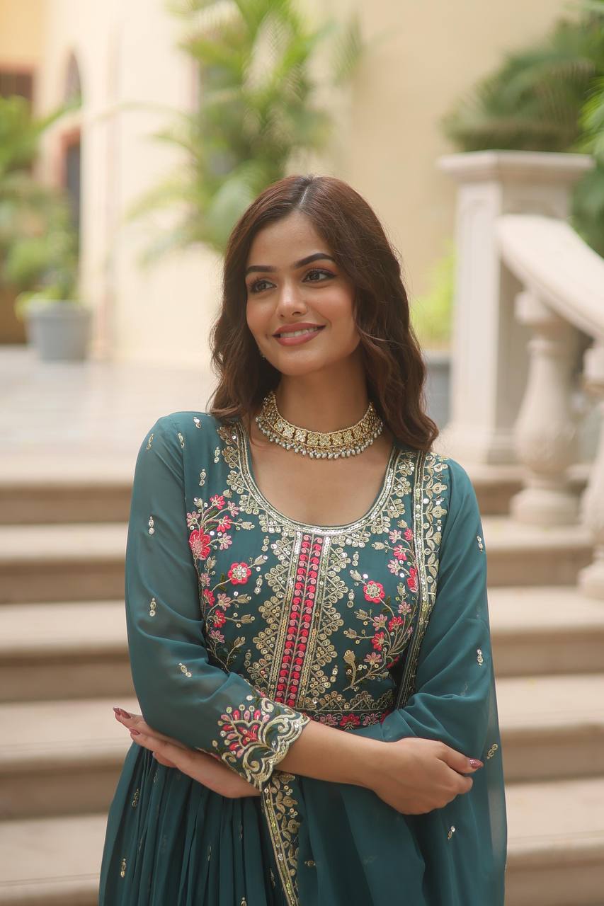 Breathtaking Faux Georgette Rich Sequins Embroidered Top Sharara Suit - Ethnicwish