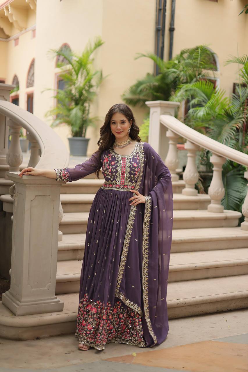 Breathtaking Faux Georgette Rich Sequins Embroidered Top Sharara Suit - Ethnicwish