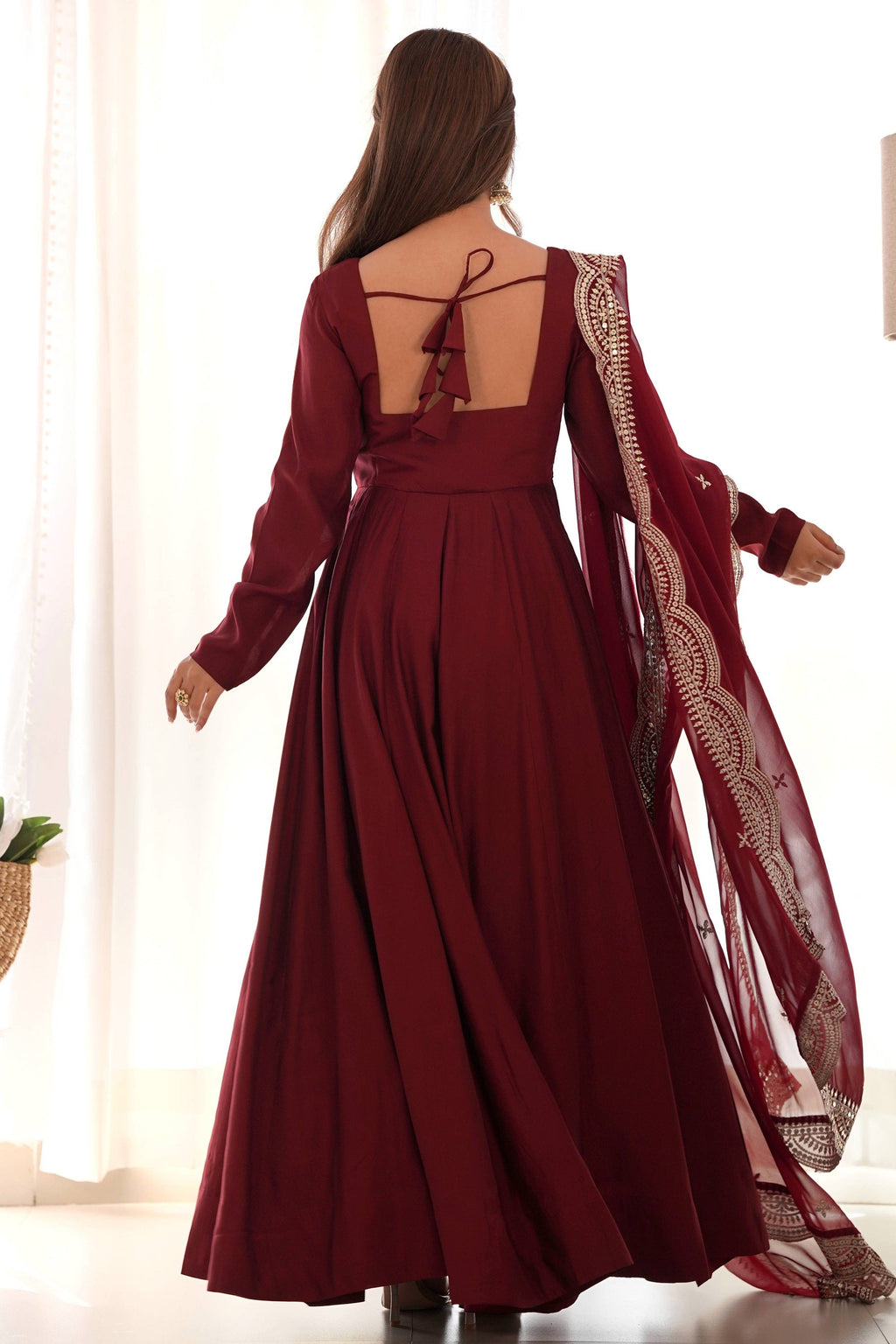 Elegant Maroon Roman Chanderi Silk Anarkali Set with Dupatta and Pants