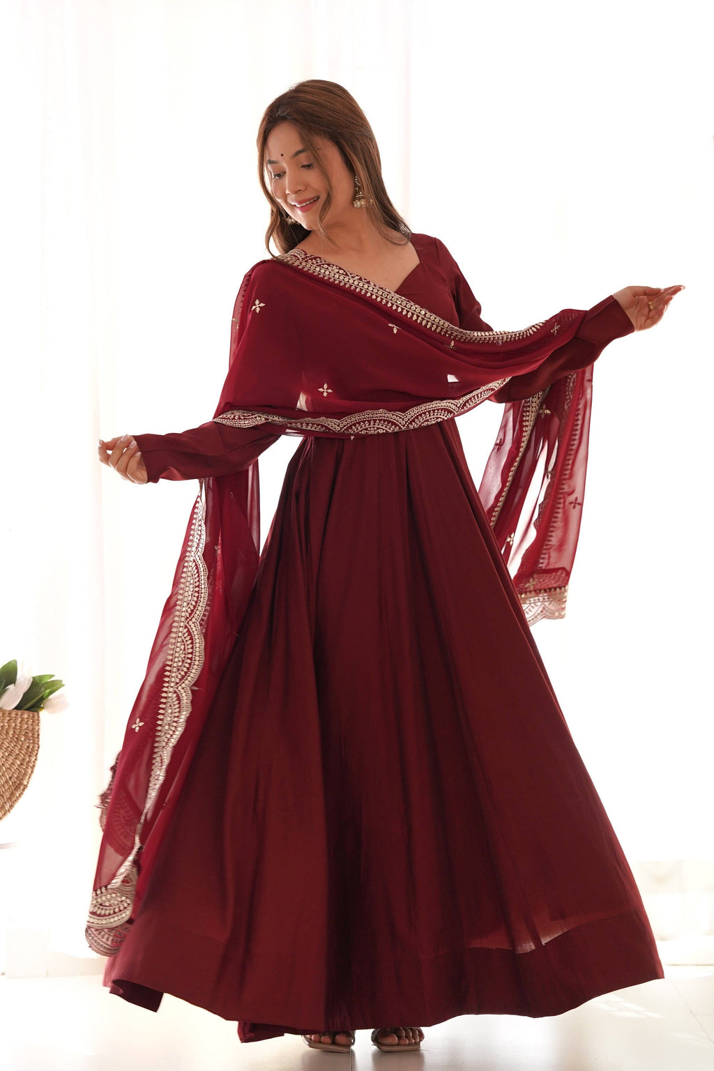 Elegant Maroon Roman Chanderi Silk Anarkali Set with Dupatta and Pants