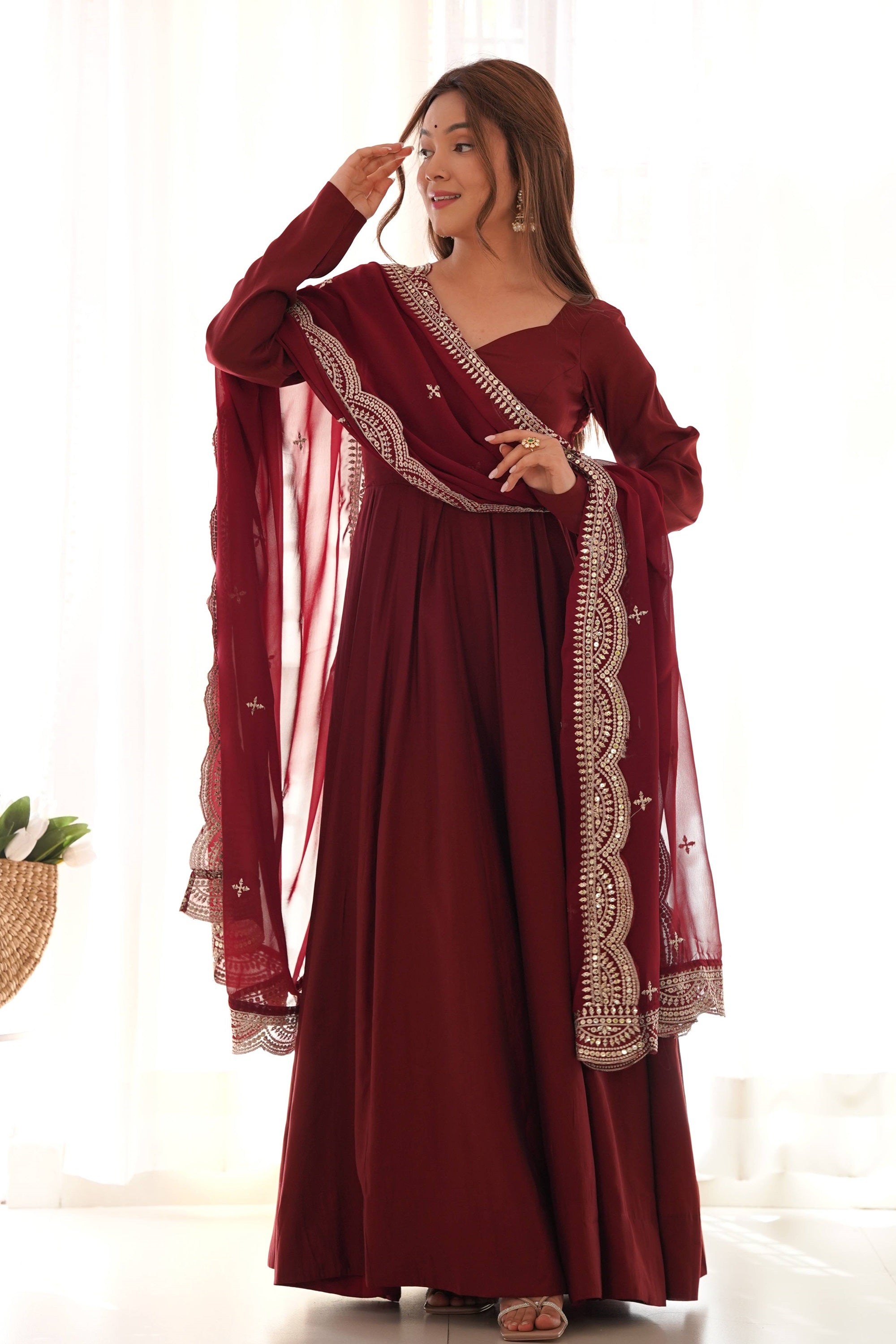 Elegant Maroon Roman Chanderi Silk Anarkali Set with Dupatta and Pants