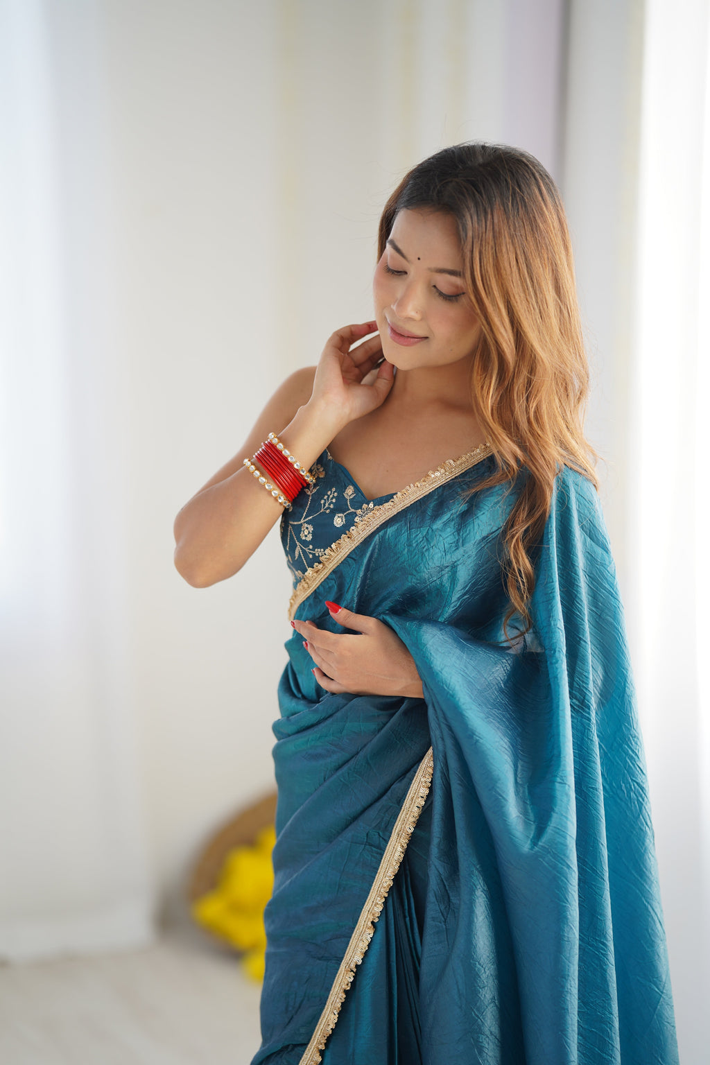 Alluring Teal Blue Crush Tissue Silk Ready To Wear Saree - Ethnicwish