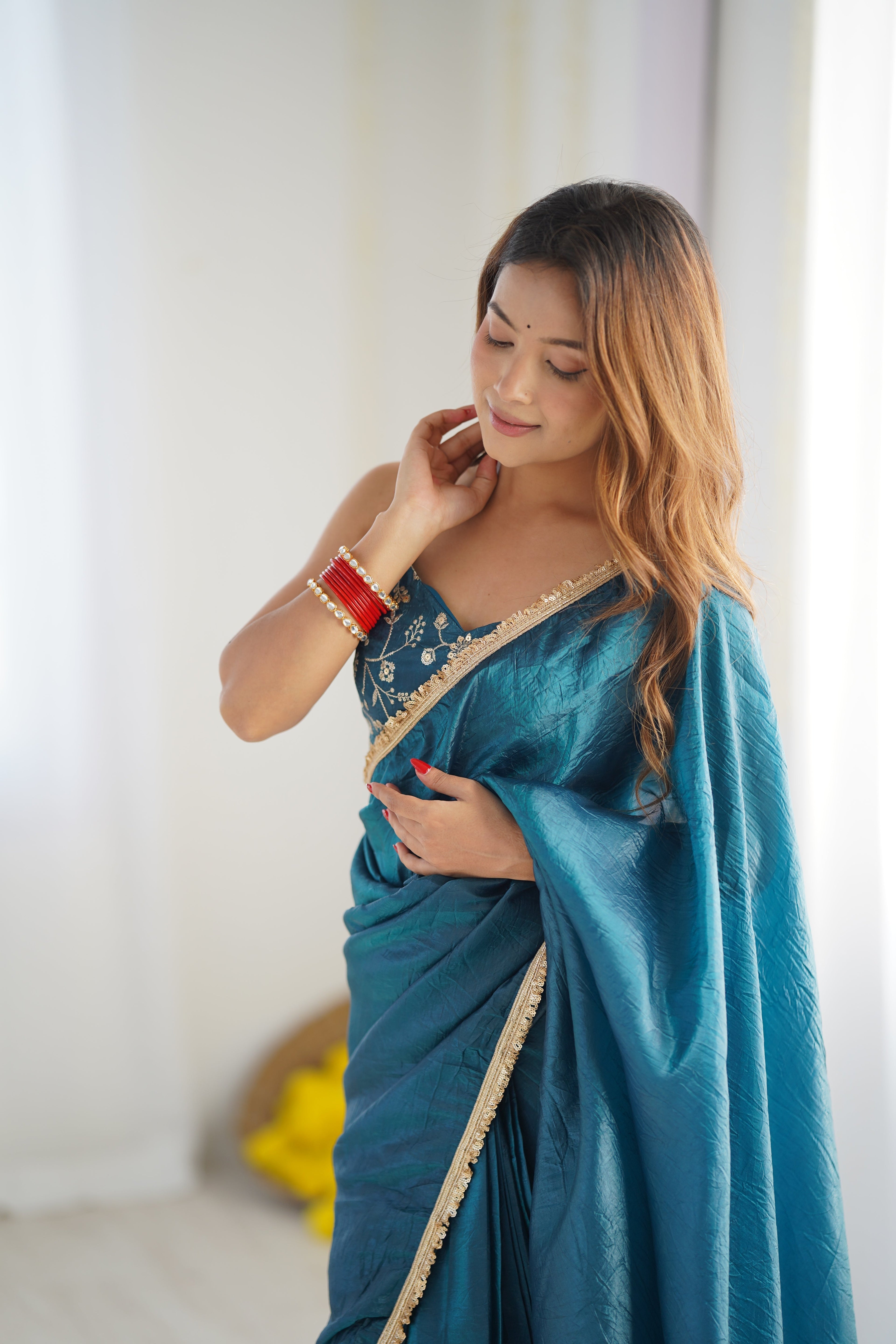 Alluring Teal Blue Crush Tissue Silk Ready To Wear Saree - Ethnicwish
