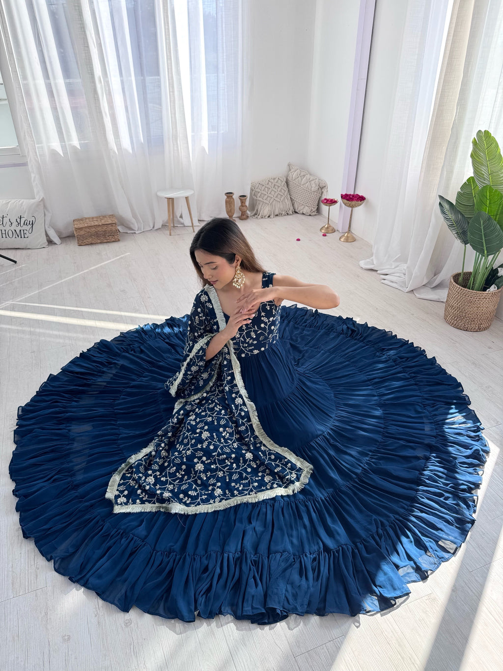 Regal Elegance in Every Twirl – Premium Teal Blue Anarkali Set - Ethnicwish