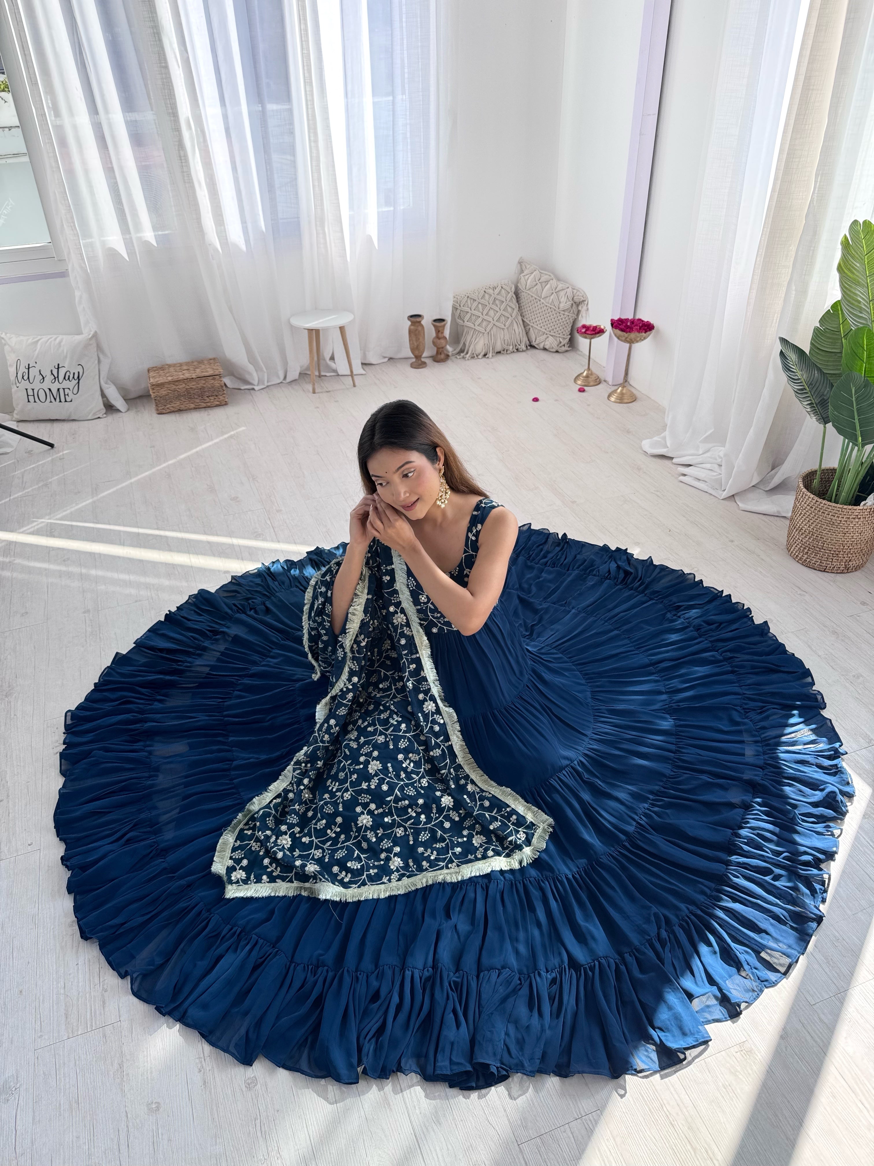 Regal Elegance in Every Twirl – Premium Teal Blue Anarkali Set - Ethnicwish