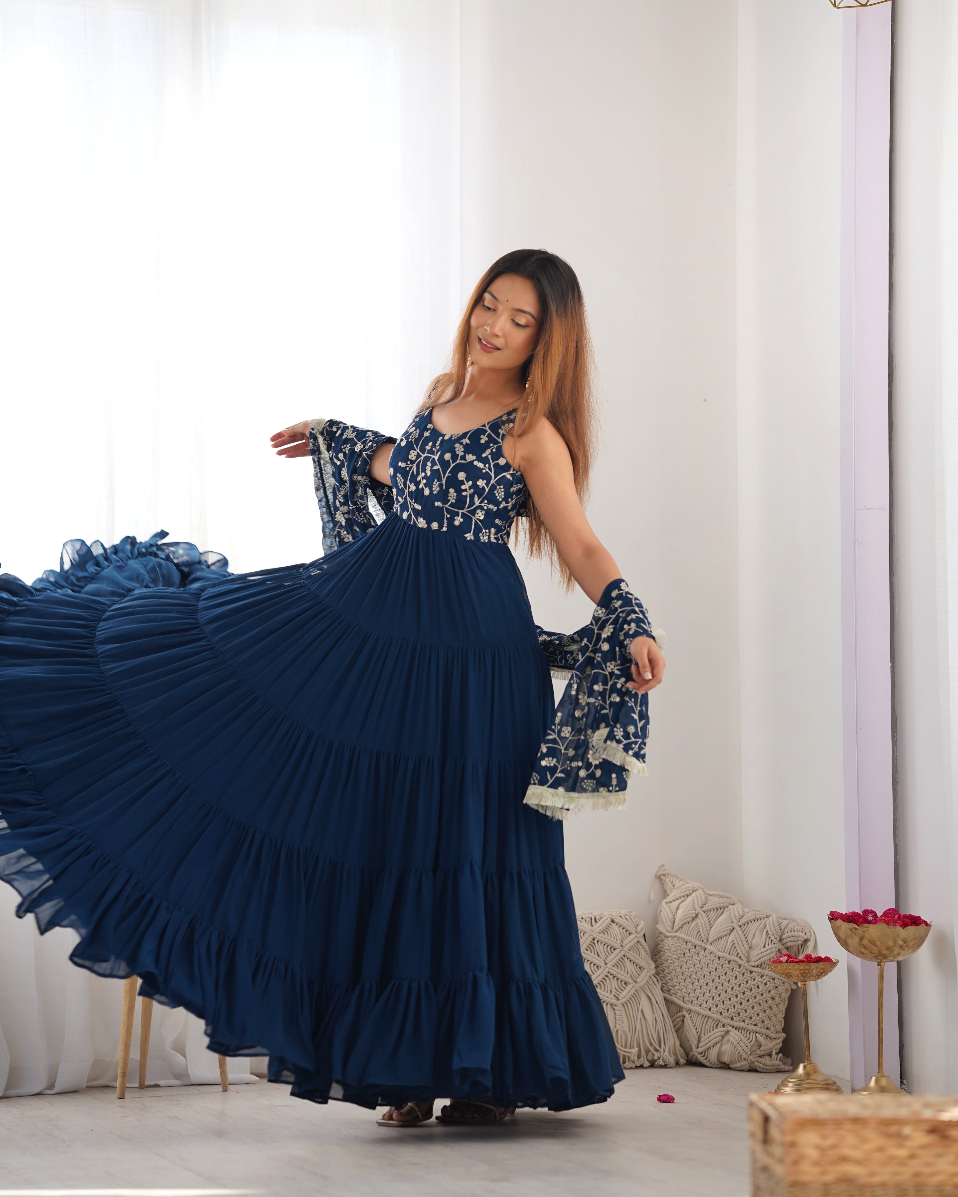 Regal Elegance in Every Twirl – Premium Teal Blue Anarkali Set - Ethnicwish