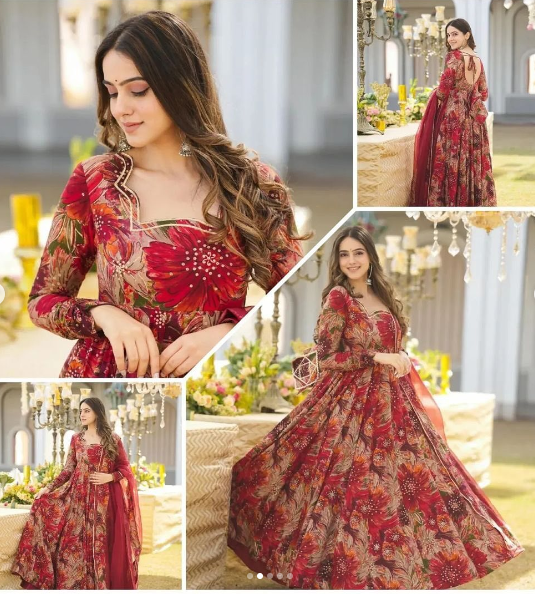 Trending floral print Anarkali set with fancy Jhumka