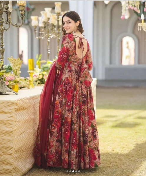 Trending floral print Anarkali set with fancy Jhumka
