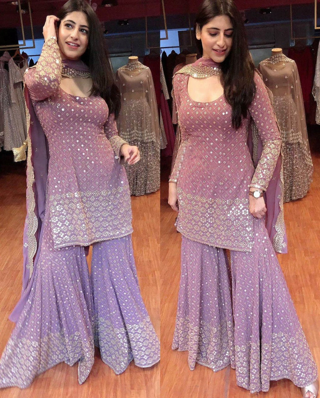 Lilac Georgette Top Sharara Suit With 9-mm Sequins & Zari Work