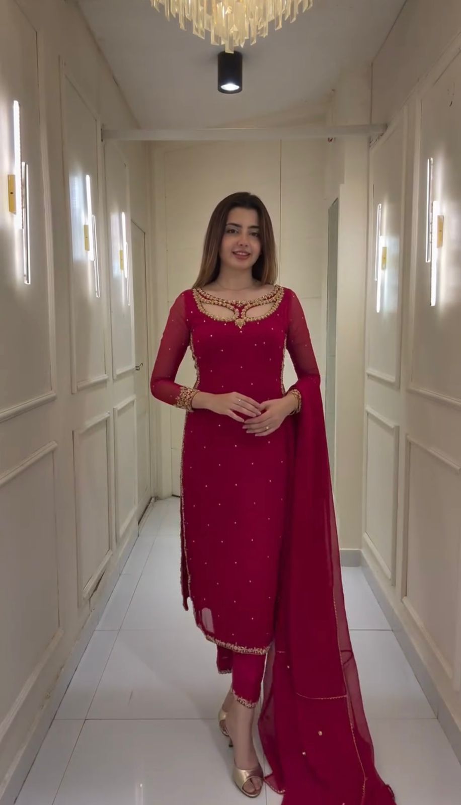 Premium Foux Georgetta  Embroidered Kurti , Pant And Duppta Set