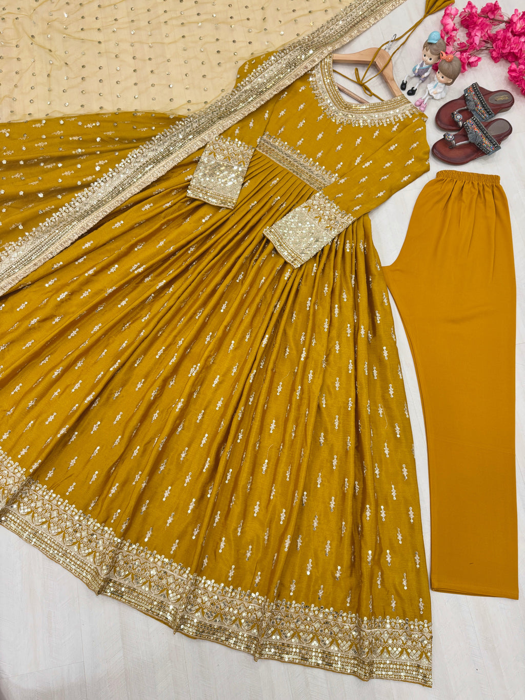 Elegant Chinon Silk Embroidered Anarkali Pant Set – Fully Stitched & Ready to Wear - ETHNICDEAL