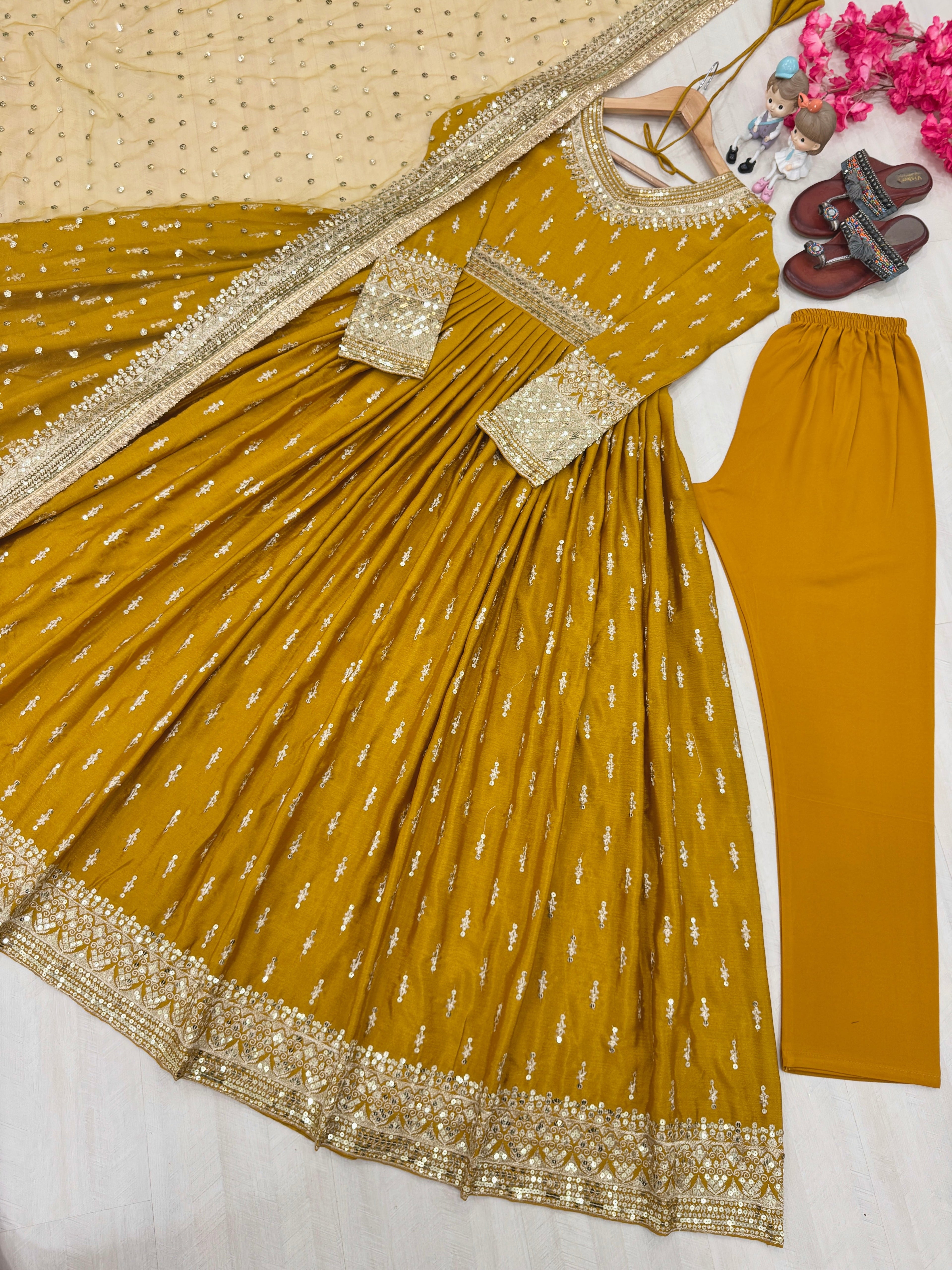 Elegant Chinon Silk Embroidered Anarkali Pant Set – Fully Stitched & Ready to Wear - ETHNICDEAL