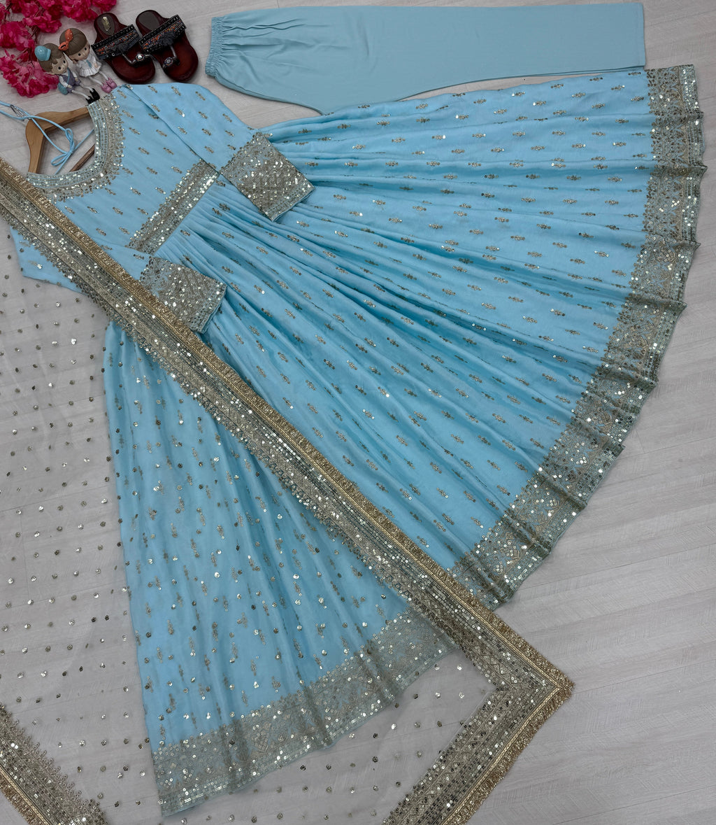 Elegant Chinon Silk Embroidered Anarkali Pant Set – Fully Stitched & Ready to Wear - ETHNICDEAL