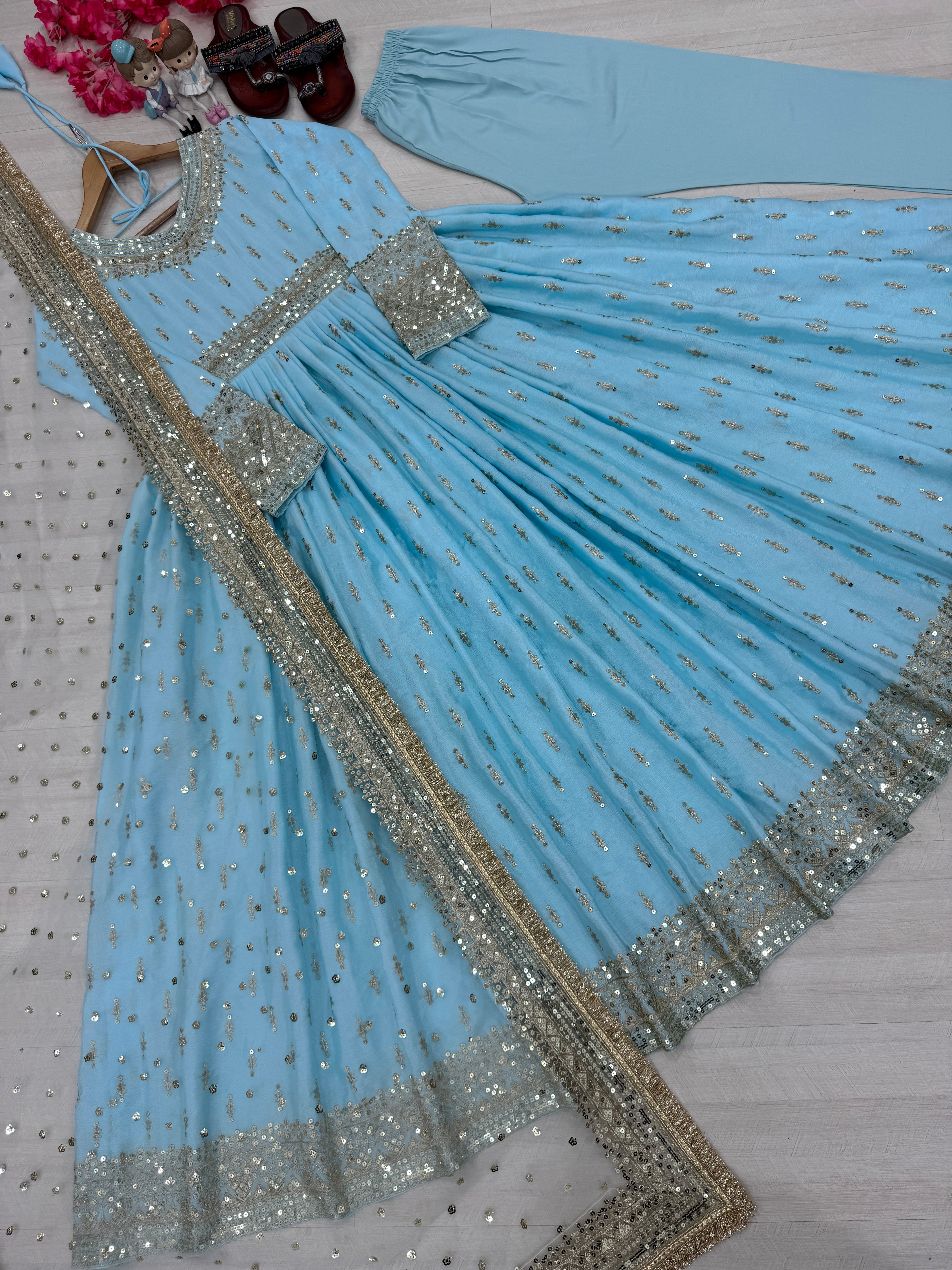 Elegant Chinon Silk Embroidered Anarkali Pant Set – Fully Stitched & Ready to Wear - ETHNICDEAL