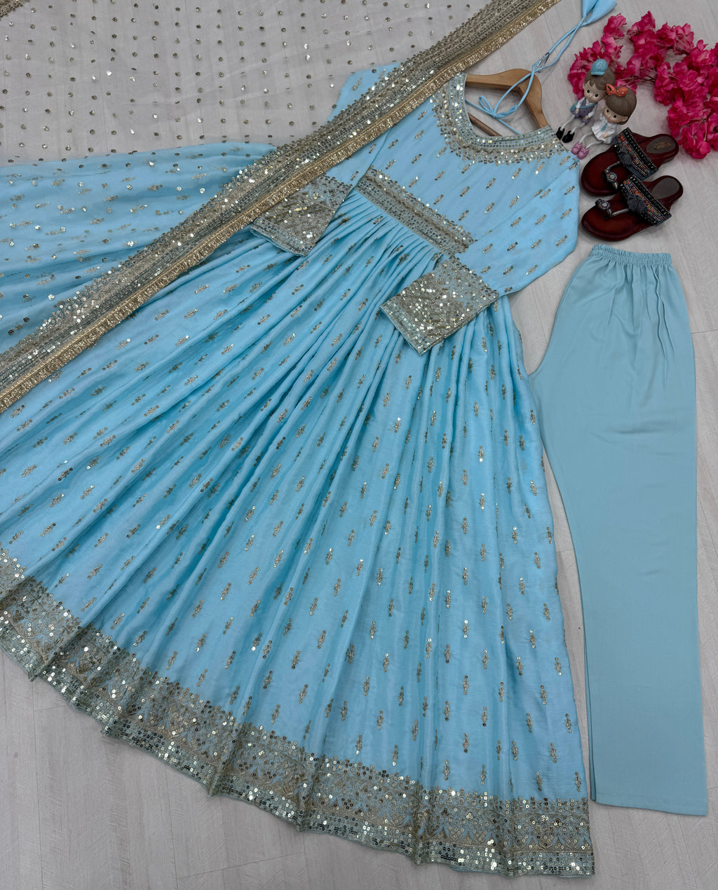 Elegant Chinon Silk Embroidered Anarkali Pant Set – Fully Stitched & Ready to Wear - ETHNICDEAL