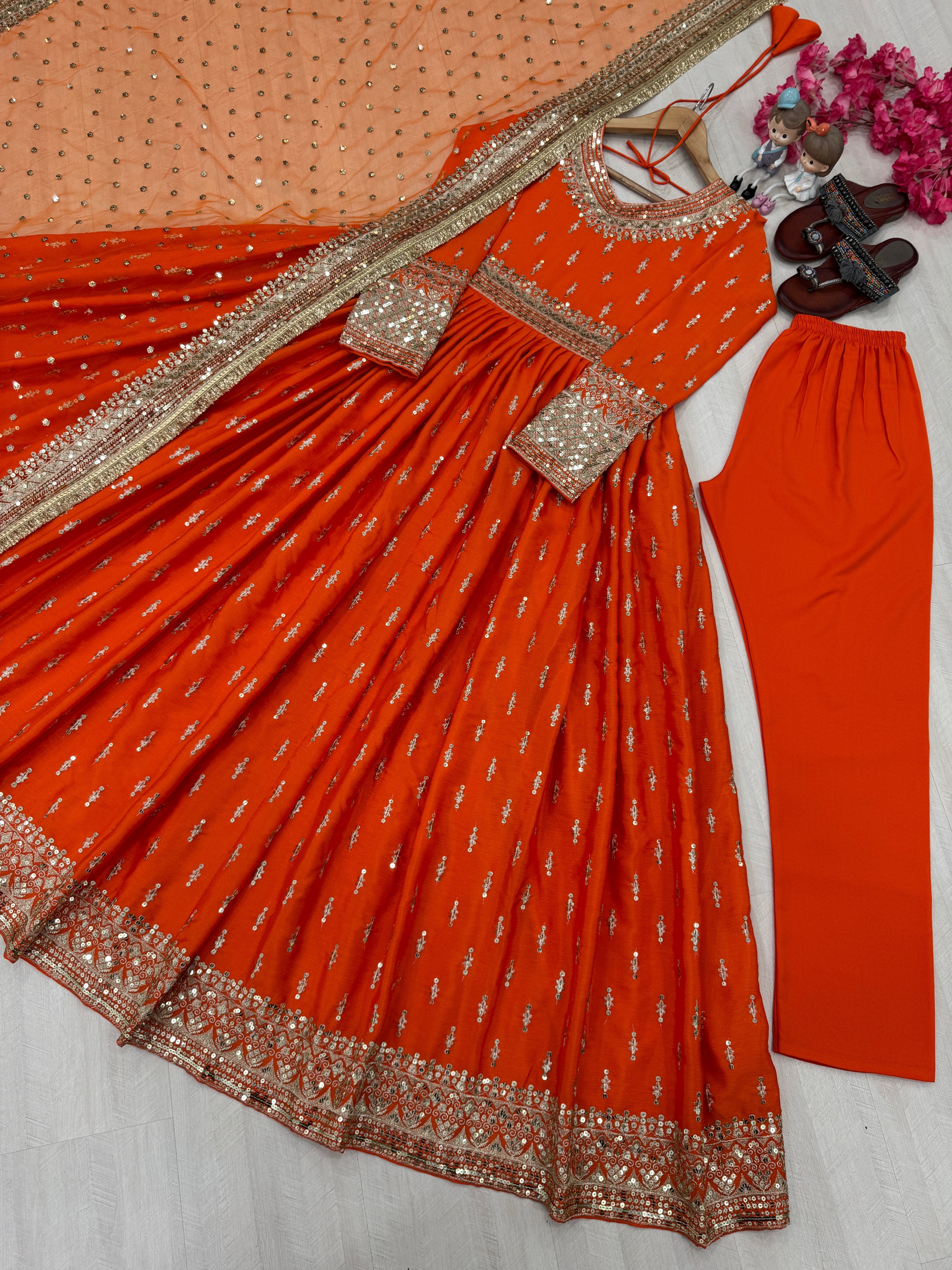 Elegant Chinon Silk Embroidered Anarkali Pant Set – Fully Stitched & Ready to Wear - ETHNICDEAL