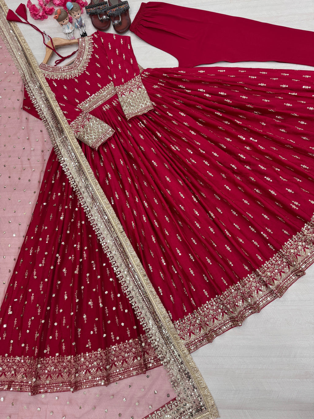 Elegant Chinon Silk Embroidered Anarkali Pant Set – Fully Stitched & Ready to Wear - ETHNICDEAL