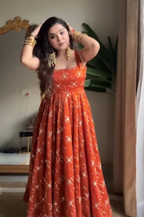 Rust Orange Pure Tissue Silk Anarkali Set with Hand Embroidery