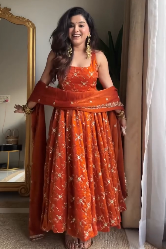 Rust Orange Pure Tissue Silk Anarkali Set with Hand Embroidery