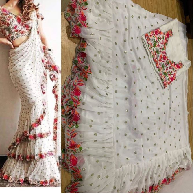 Ivory Blossom Embroidered Ruffle Saree / Noor-e-Gul Designer Saree / Designer Ivory Party Wear Saree.