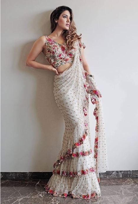 Ivory Blossom Embroidered Ruffle Saree / Noor-e-Gul Designer Saree / Designer Ivory Party Wear Saree.