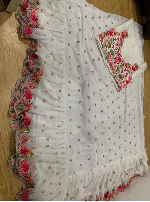 Ivory Blossom Embroidered Ruffle Saree / Noor-e-Gul Designer Saree / Designer Ivory Party Wear Saree.