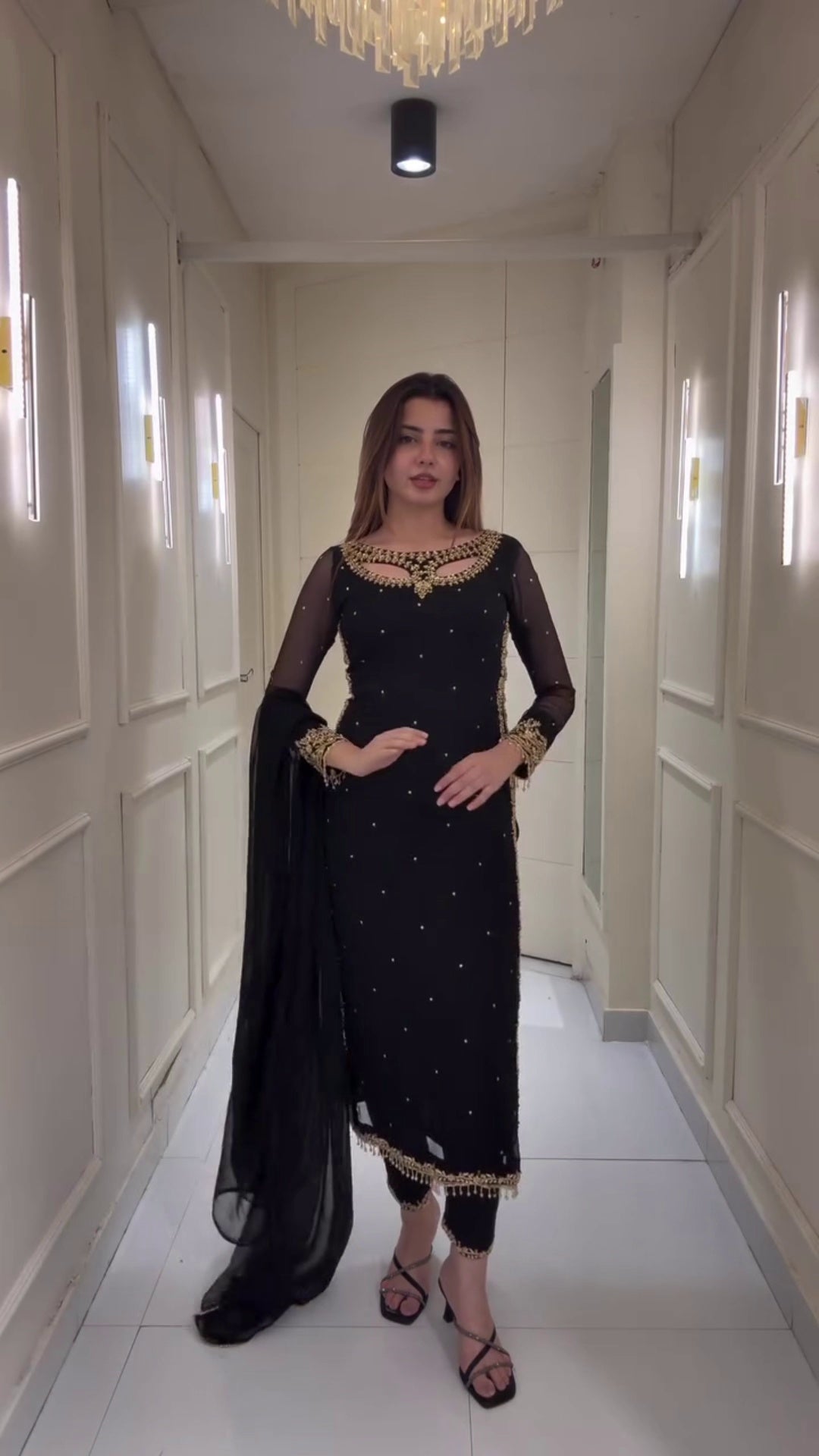 Elegant Faux Georgette Anarkali Kurti Set with Embroidery & Real Pearl Moti Work | Pant & Dupatta Included