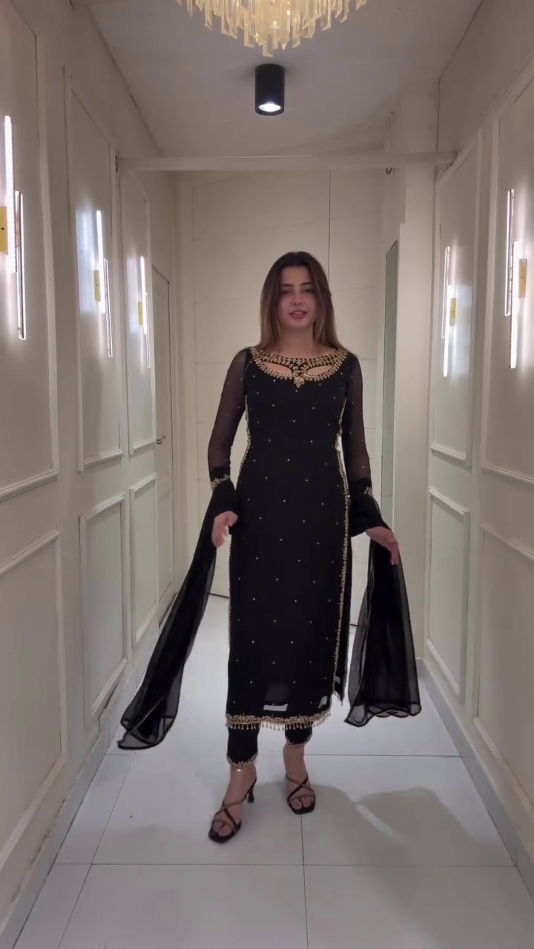 Elegant Faux Georgette Anarkali Kurti Set with Embroidery & Real Pearl Moti Work | Pant & Dupatta Included