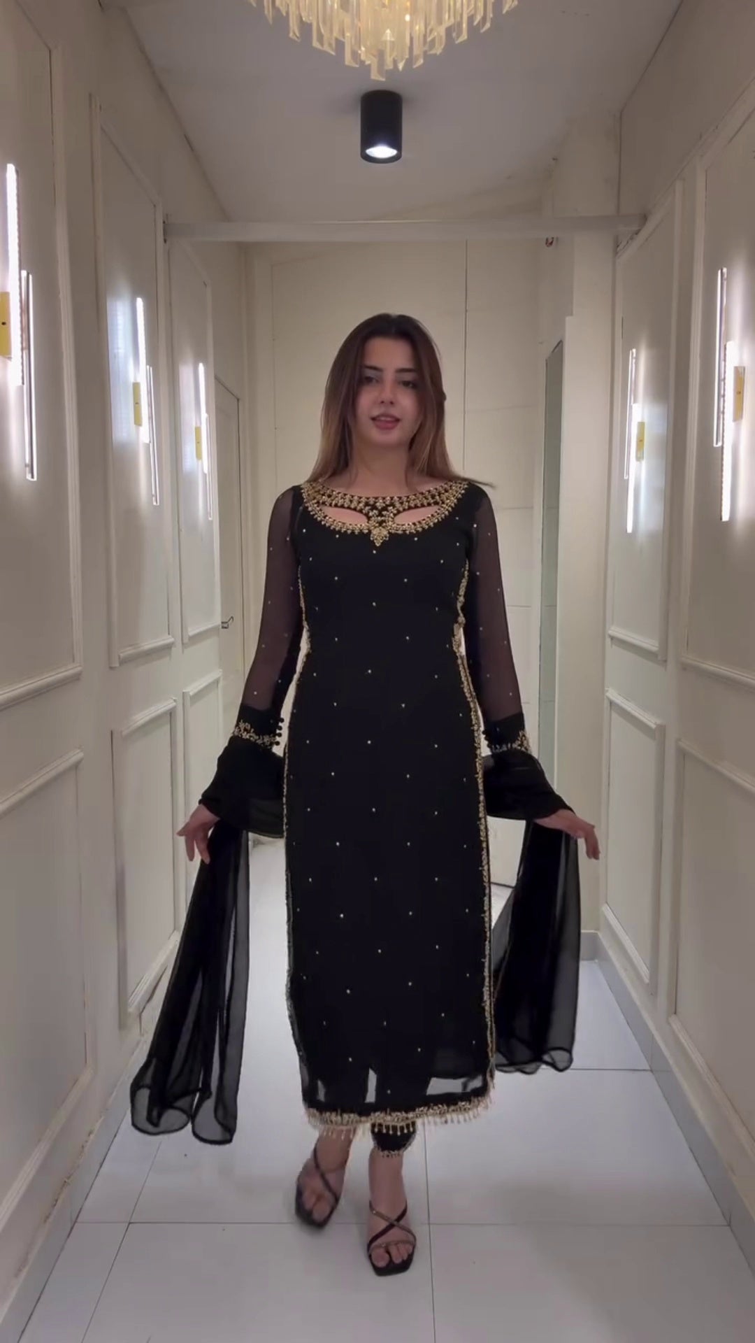 Elegant Faux Georgette Anarkali Kurti Set with Embroidery & Real Pearl Moti Work | Pant & Dupatta Included