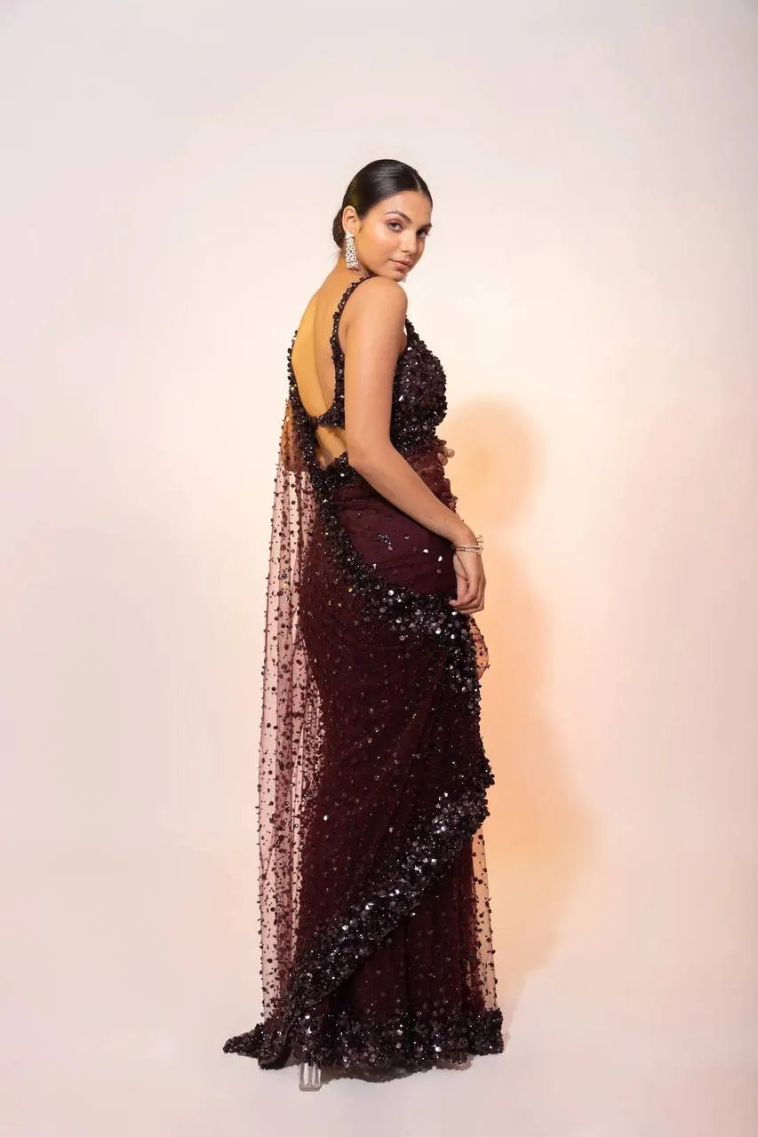 Modern Party Wear Dark Maroon Net Saree with Hologram Sequin Work for Women