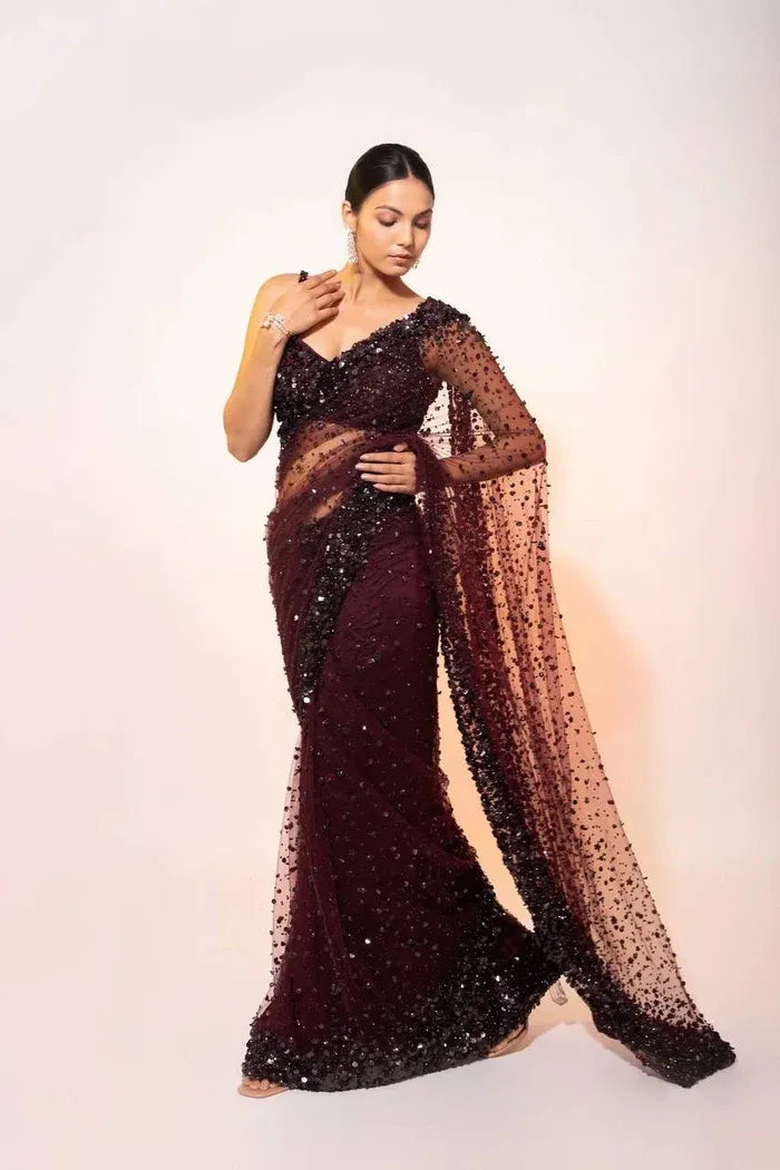 Modern Party Wear Dark Maroon Net Saree with Hologram Sequin Work for Women
