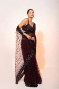 Modern Party Wear Dark Maroon Net Saree with Hologram Sequin Work for Women
