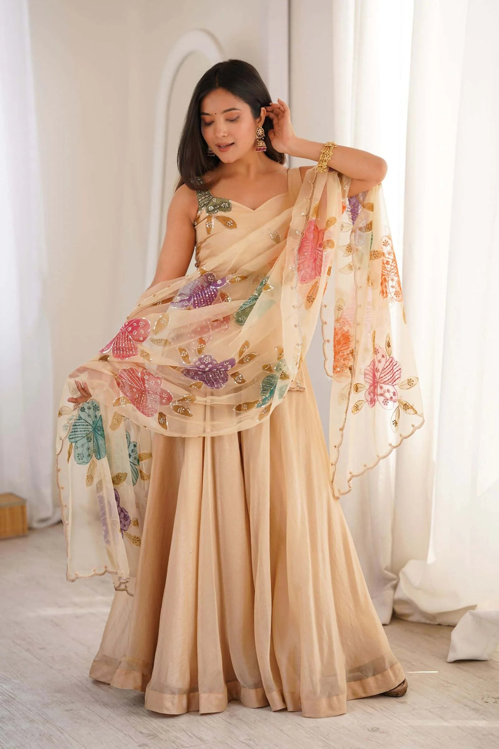 Ivory Bloom Floral Embroidered Sharara Set with Dupatta |  Floral Elegance Embroidered Sharara Set