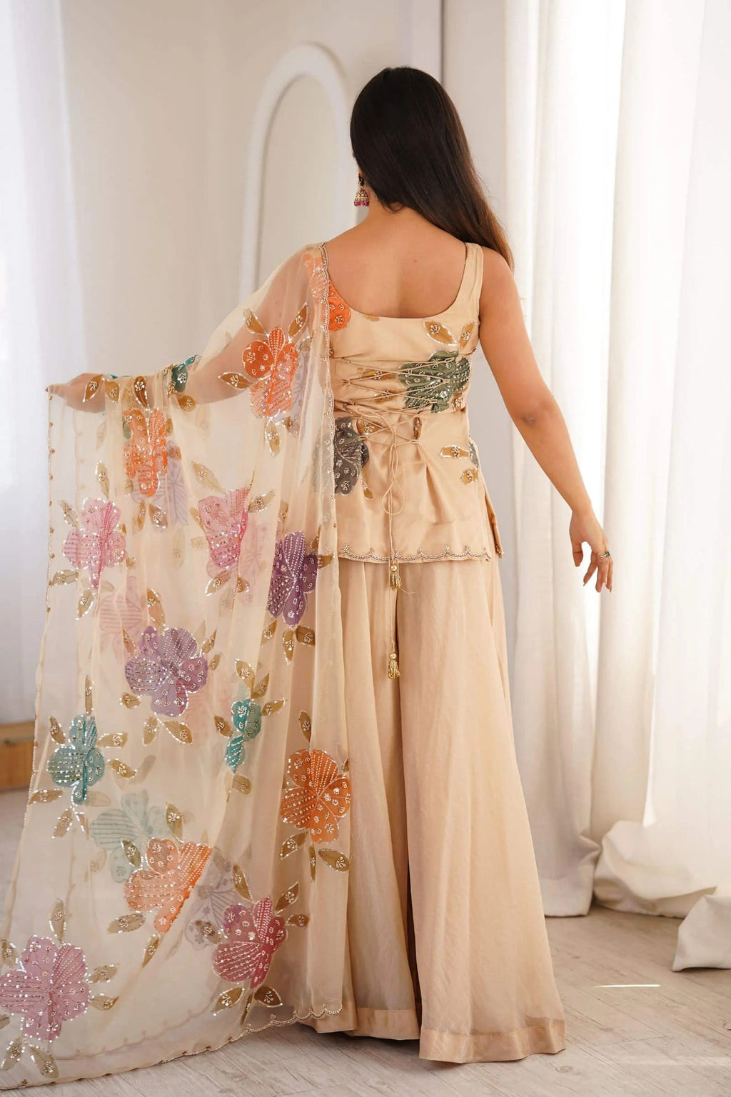 Ivory Bloom Floral Embroidered Sharara Set with Dupatta |  Floral Elegance Embroidered Sharara Set