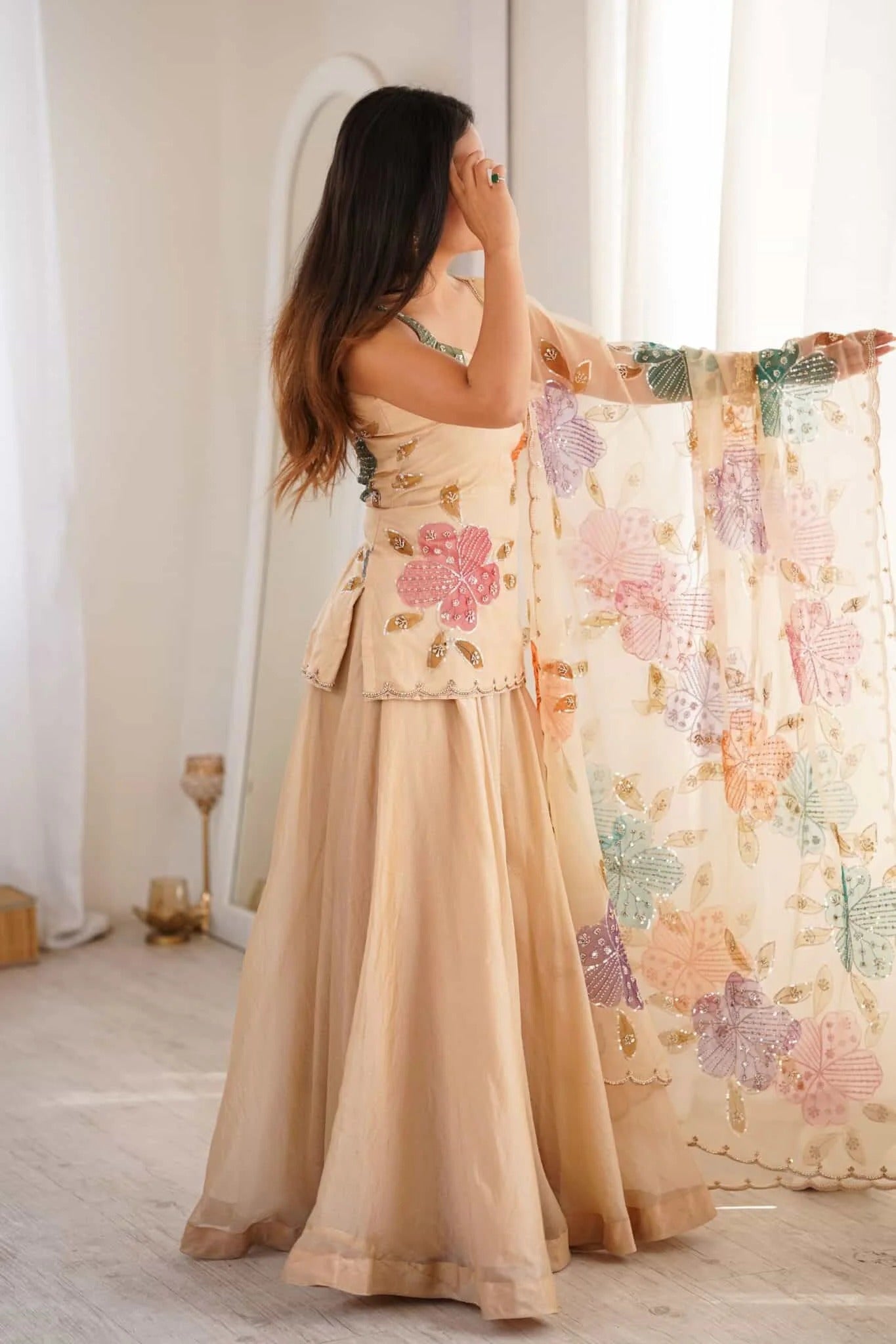 Ivory Bloom Floral Embroidered Sharara Set with Dupatta |  Floral Elegance Embroidered Sharara Set