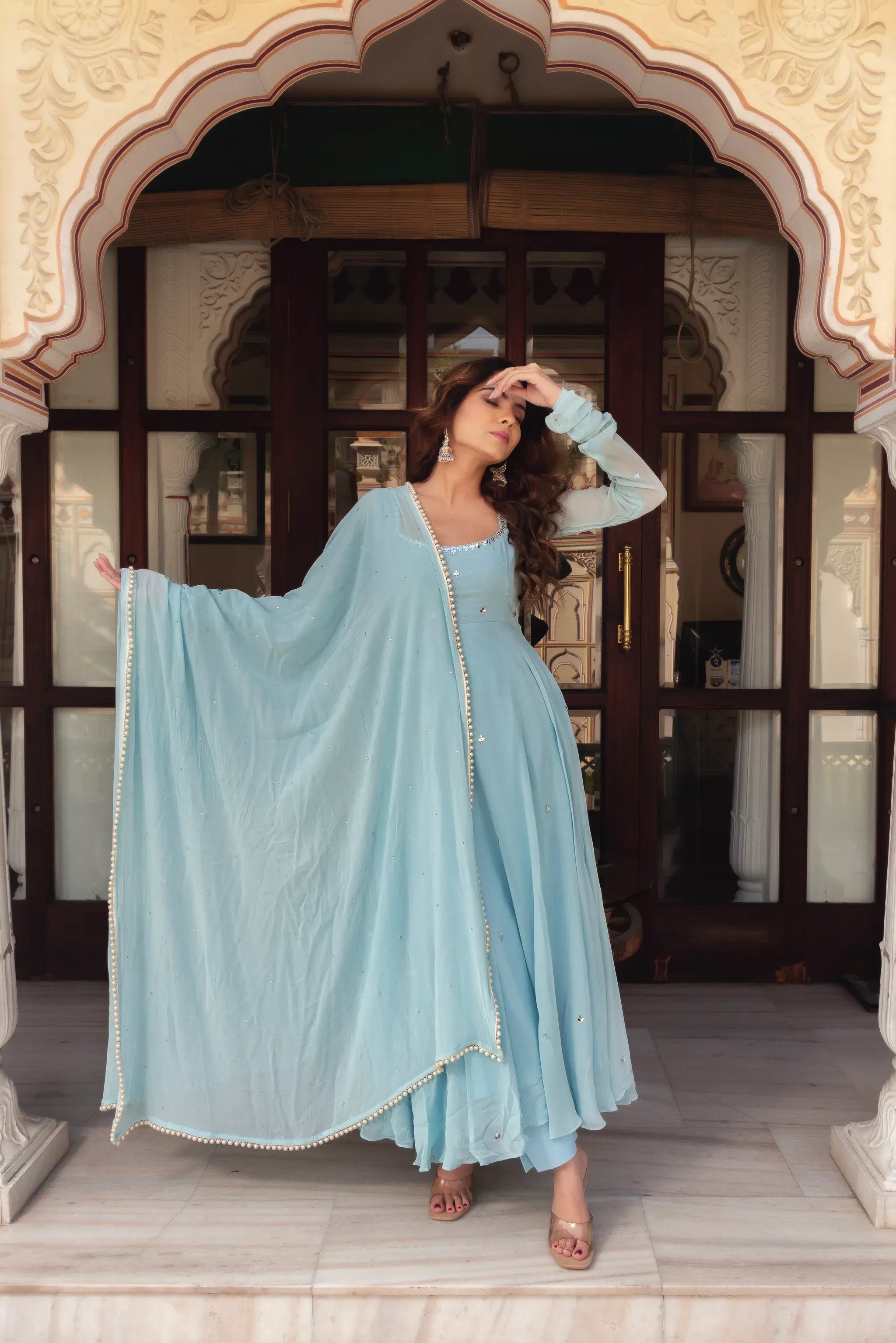 Sky Blue Georgette Anarkali Suit Set for Women | Wedding, Sangeet, Farewell & Party Wear