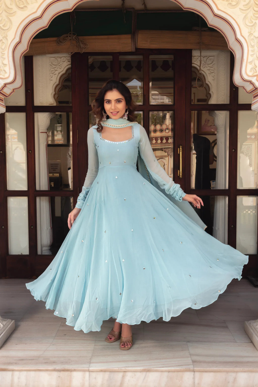 Sky Blue Georgette Anarkali Suit Set for Women | Wedding, Sangeet, Farewell & Party Wear