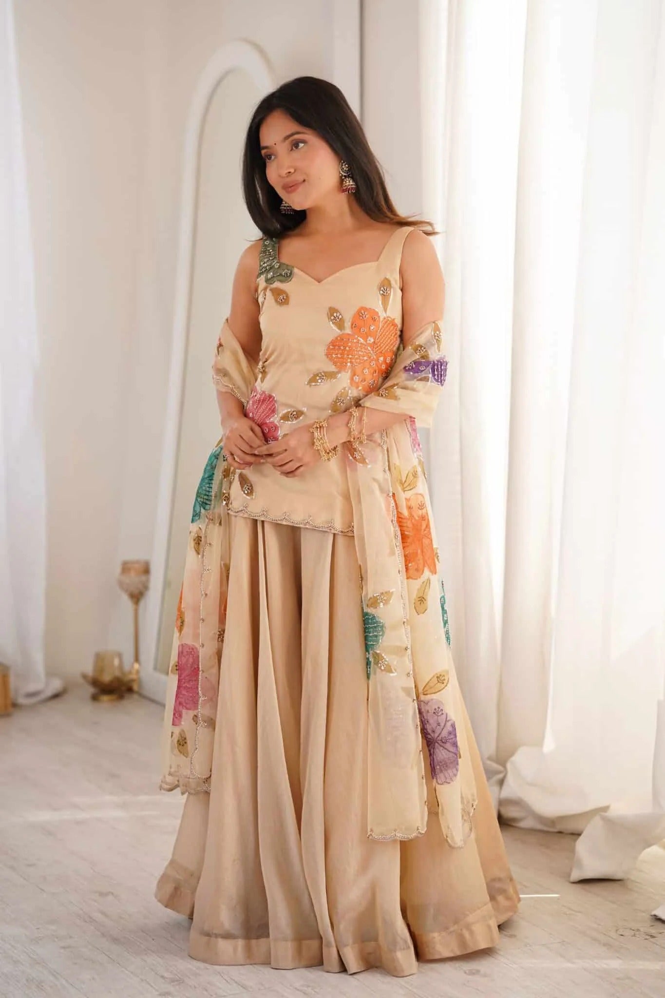 Ivory Bloom Floral Embroidered Sharara Set with Dupatta |  Floral Elegance Embroidered Sharara Set