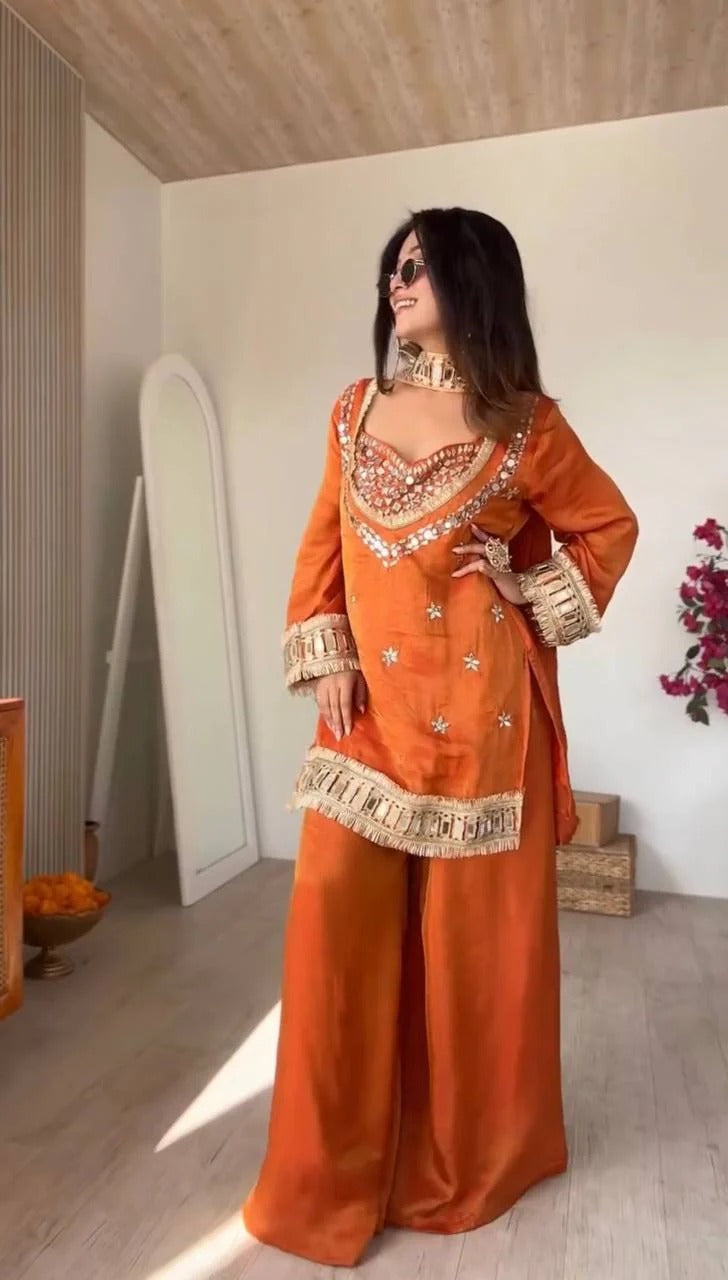 Royal Orange Mirror Work Sharara Set For Women