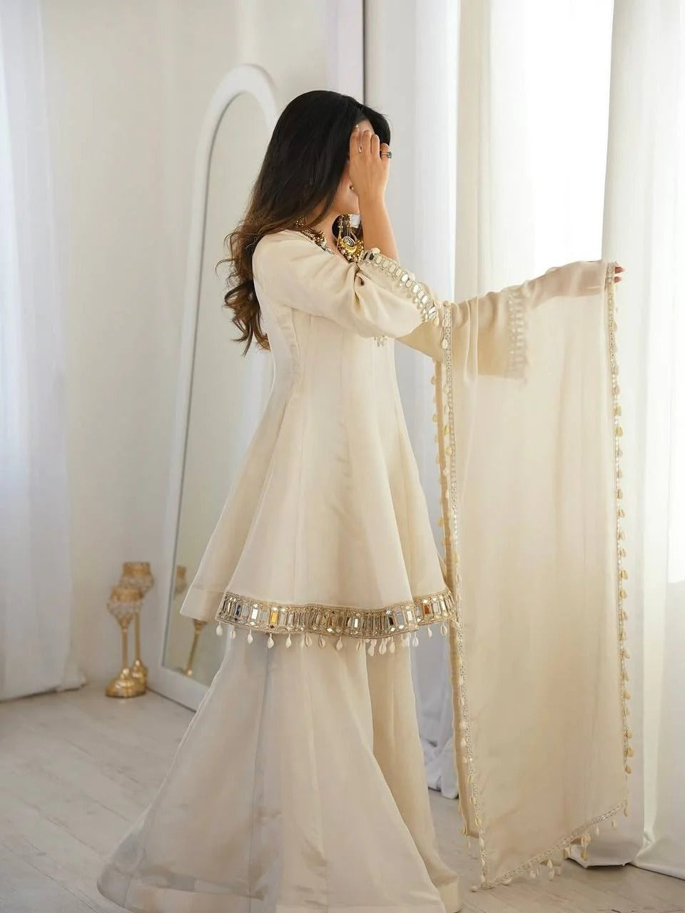 Elegant Mirror Work Sharara Suit Set with Dupatta