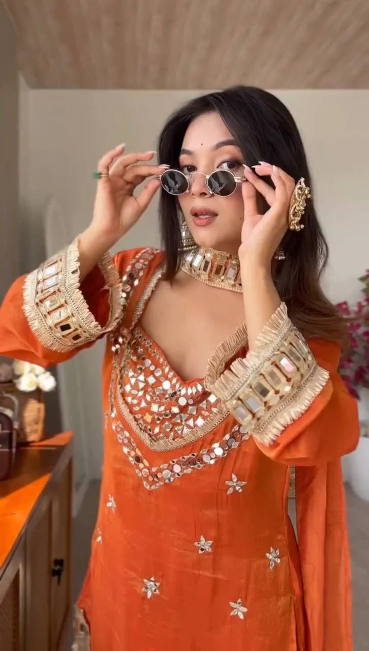 Royal Orange Mirror Work Sharara Set For Women