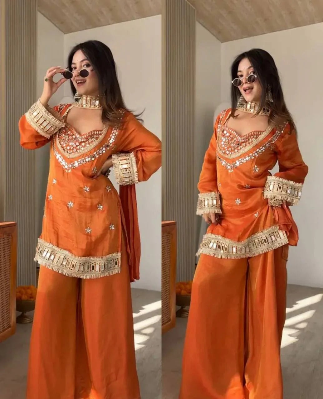 Royal Orange Mirror Work Sharara Set For Women