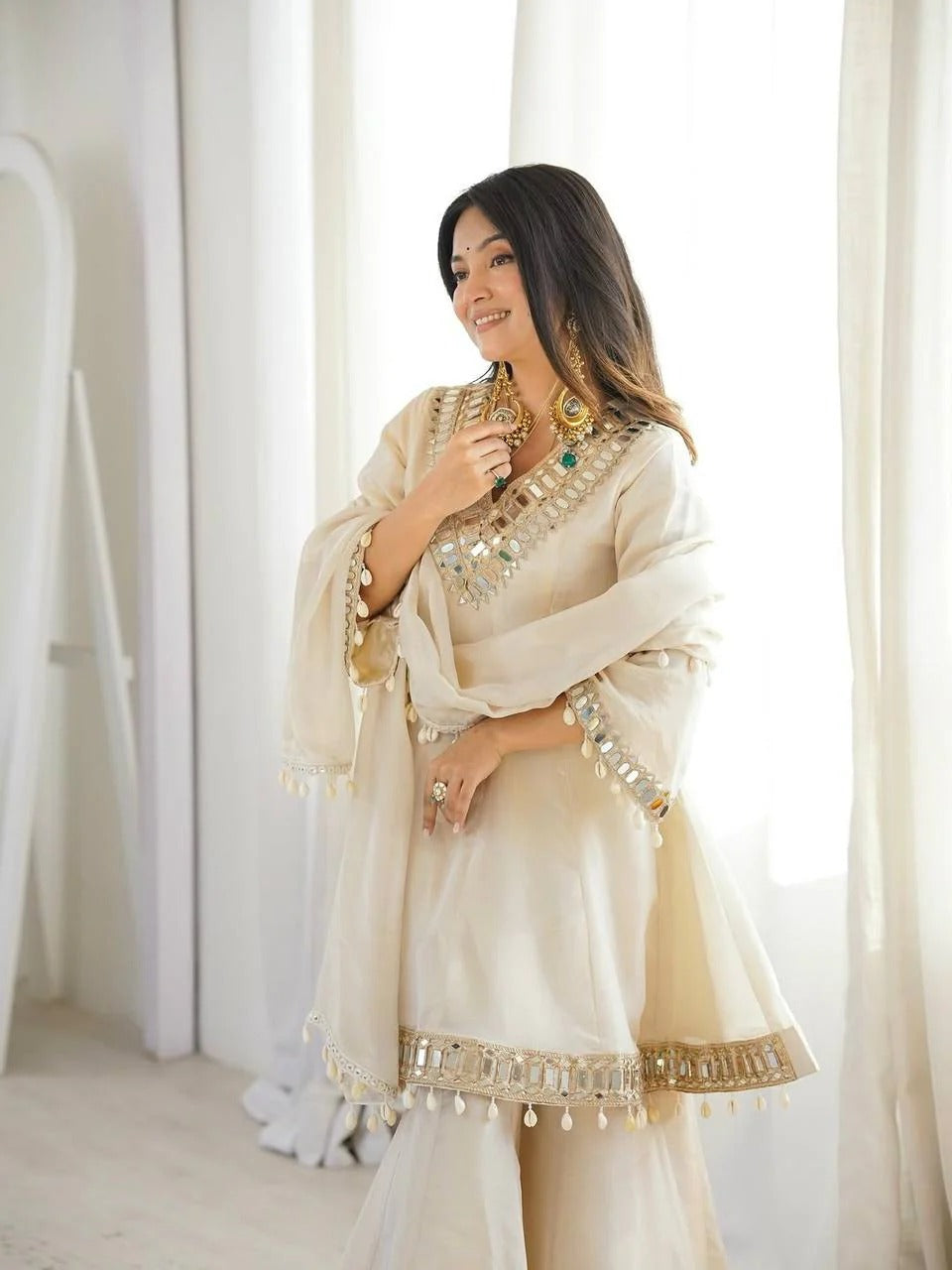 Elegant Mirror Work Sharara Suit Set with Dupatta