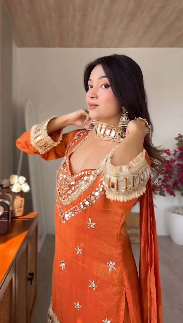Royal Orange Mirror Work Sharara Set For Women