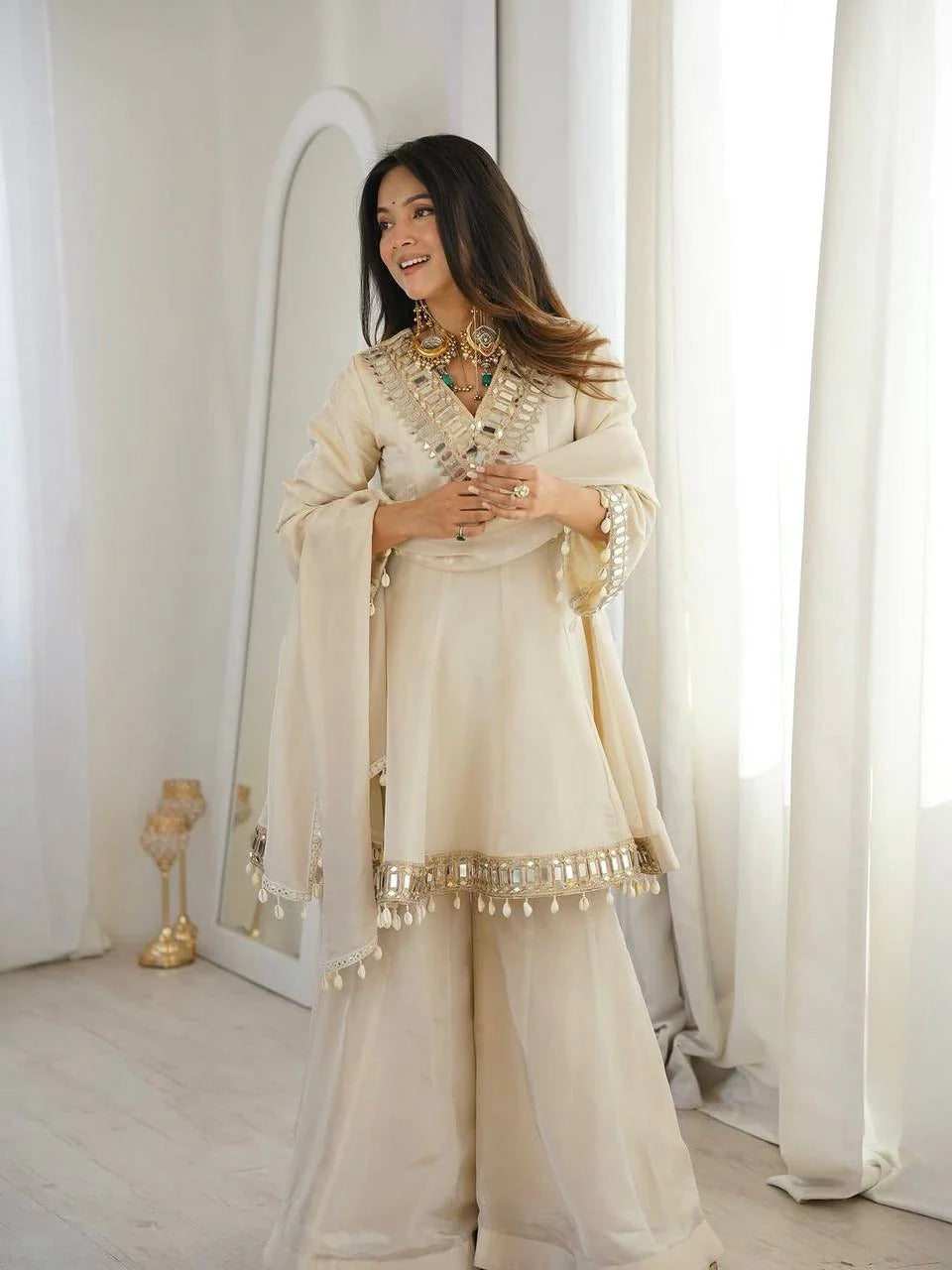 Elegant Mirror Work Sharara Suit Set with Dupatta