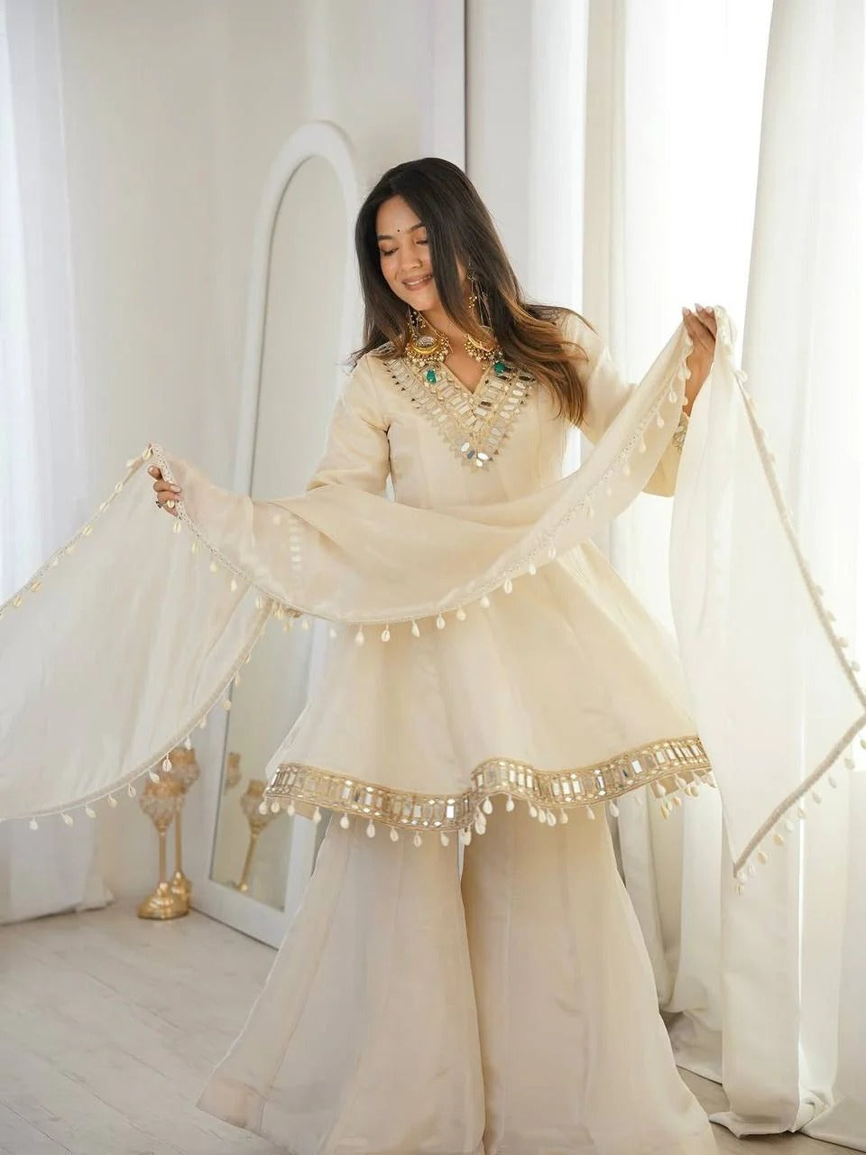 Elegant Mirror Work Sharara Suit Set with Dupatta