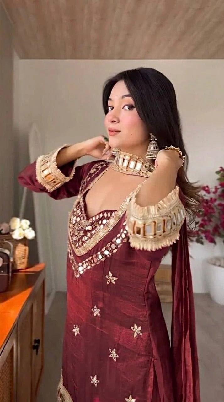 Royal Orange Mirror Work Sharara Set For Women