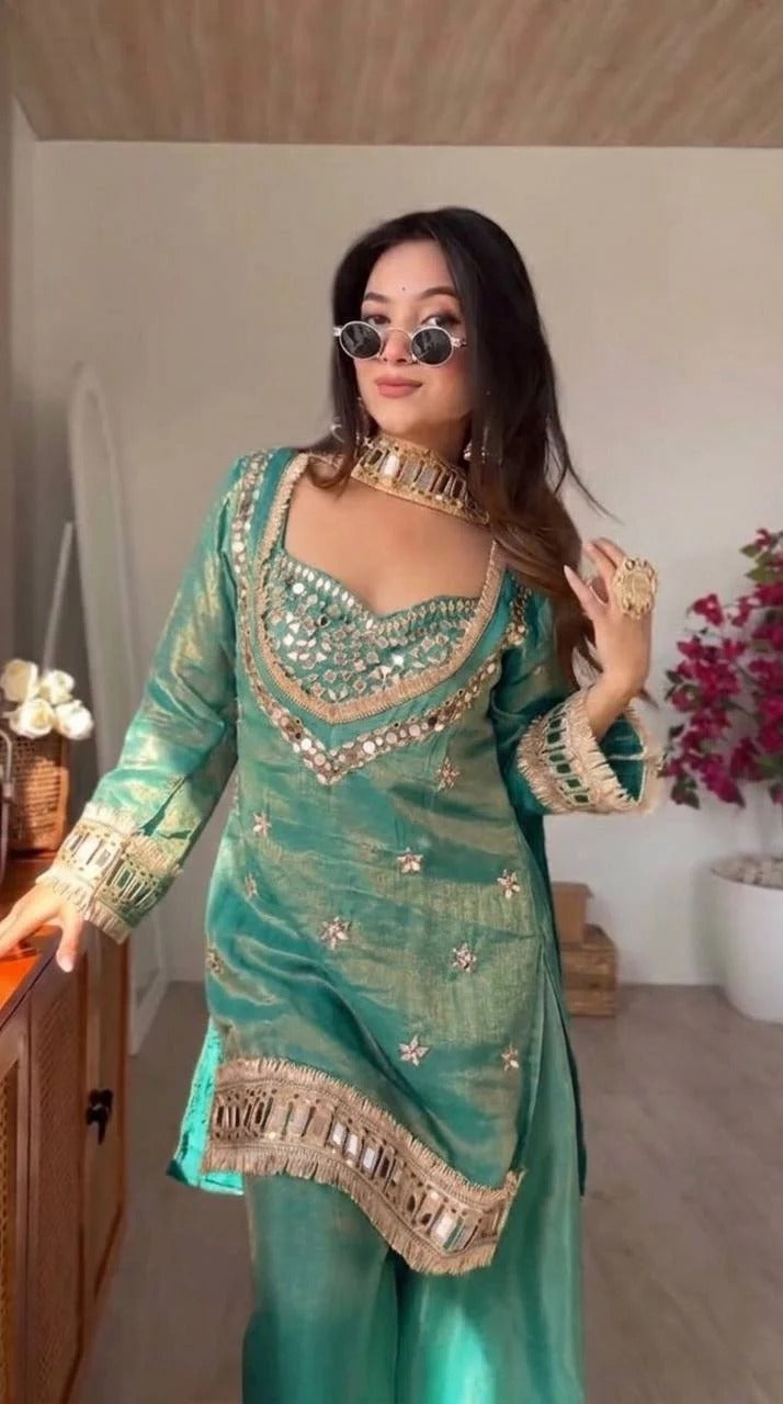 Royal Orange Mirror Work Sharara Set For Women